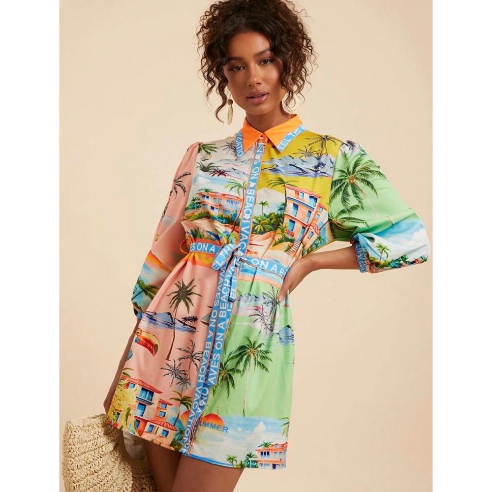 Tropical Postcard Print Puff Sleeve Mini Shirt Dress Multi Color Size L